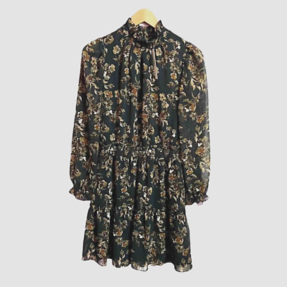 Drew Floral Green Fern and Brown Ruffle Chiffon Knee Length Dress Size M NWT